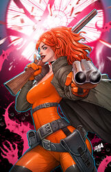  belt bodysuit breasts cloak commentary dated david_nakayama dual_wielding elsa_bloodstone english_commentary female gloves gun highres holding holding_gun holding_weapon initial looking_at_viewer marvel medium_breasts medium_hair orange_bodysuit orange_gloves orange_hair over_shoulder shotgun solo watermark weapon weapon_over_shoulder 