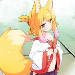  animal_ear_fluff animal_ears babalilo blonde_hair blush closed_mouth clothes_lift female fox_ears fox_girl fox_tail highres japanese_clothes kitsune looking_at_viewer medium_hair navel original red_eyes shirt_lift short_eyebrows solo standing tail tatami thick_eyebrows upper_body 