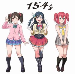  3girls :d \m/ afterschool_school_idol_(love_live!) asymmetrical_legwear black_eyes black_footwear black_hair black_socks black_thighhighs blue_flower blue_legwear blue_rose blue_skirt boots bow bowtie brown_footwear cardigan center_frills clenched_hands collared_shirt commentary_request feather_hair_ornament feathers flower frills full_body gloves green_bow green_bowtie green_eyes grey_skirt grin hair_flower hair_ornament hairbow hands_up height in-franchise_crossover jacket kneehighs kurosawa_ruby loafers long_hair long_sleeves looking_at_viewer love_live! love_live!_nijigasaki_high_school_idol_club love_live!_school_idol_festival_all_stars love_live!_school_idol_project love_live!_sunshine!! mismatched_legwear multiple_girls neckerchief necktie nervous_smile one_eye_closed one_side_up open_mouth otonokizaka_school_uniform over-kneehighs own_hands_together pink_cardigan pleated_skirt red_bow red_bowtie red_eyes red_hair red_legwear rose school_uniform shirt shoes short_hair simple_background skirt smile socks standing striped_bow striped_bowtie striped_clothes summer_uniform thighhighs tie_clip trait_connection turkey_min twintails two_side_up uranohoshi_school_uniform white_background white_feathers white_gloves yazawa_nico yellow_flower yellow_jacket yellow_necktie yellow_rose yuki_setsuna_(love_live!) 