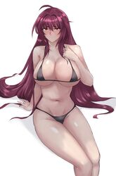  bare_shoulders bikini black_bikini blush breasts cleavage collarbone fate/grand_order fate_(series) female hair_between_eyes highres large_breasts long_hair looking_at_viewer memory342 navel purple_hair red_eyes scathach_(fate) sitting solo swimsuit thighs very_long_hair 