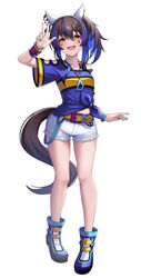  :d absurdres animal_ears arm_up belt belt_buckle black_hair blue_footwear blue_hair blue_nails blue_shirt blush boots breasts brown_eyes buckle commentary daitaku_helios_(umamusume) ear_piercing facial_mark female front-tie_top full_body hair_between_eyes hair_ornament hairclip highres horse_ears horse_girl horse_tail long_hair looking_at_viewer multicolored_hair multicolored_nails nail_polish oerba_yun_fang orange_nails piercing shirt short_shorts short_sleeves shorts side_ponytail simple_background small_breasts smile solo standing star_(symbol) star_hair_ornament streaked_hair tail tied_shirt two-tone_hair umamusume white_background white_shorts wide_sleeves ym_(distance819) 