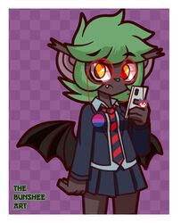  accessory amira_(tdfoxoo) anthro bat bisexual_pride_colors border bunshee_arts clothing electronics eyewear fangs female glasses green_hair hair hi_res keychain lgbt_pride mammal orange_eyes phone pin_accessory pin_button pride_color_accessory pride_colors pride_pin school_uniform solo teeth uniform white_border 