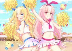  6+girls ;d absurdres akashi_(azur_lane) albacore_(azur_lane) alternate_costume animal_ears arm_up armpits ass azur_lane bache_(azur_lane) bad_id bad_pixiv_id bare_arms bare_shoulders bird blonde_hair blue_eyes blue_panties blue_sky blush breasts bunting chair cheerleader chick closed_mouth cloud commentary_request cowboy_shot crop_top crop_top_overhang day diagonal_bangs fake_animal_ears folding_chair gym_uniform hair_over_one_eye hair_ribbon hairband hand_up highres hobby_(azur_lane) holding holding_pom_poms isao_(wasamoti) jitome kalk_(azur_lane) laffey_(azur_lane) le_triomphant_(azur_lane) long_hair long_island_(azur_lane) looking_at_viewer looking_back manjuu_(azur_lane) midriff miniskirt multicolored_hair multiple_girls navel oerba_yun_fang one_eye_closed open_mouth outdoors panties pantyshot pink_hair pink_panties pleated_skirt pom_pom_(cheerleading) rabbit_ears red_eyes ribbon sailor_collar sailor_shirt shiranui_(azur_lane) shirt sitting skirt sky sleeveless sleeveless_shirt small_breasts smile standing stomach table two-tone_hair two_side_up underwear very_long_hair white_shirt white_skirt 