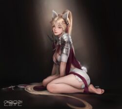  absurdres animal_ears artist_name barefoot blonde_hair breasts cleavage feet female high_ponytail highres jagercoke legs long_hair looking_at_viewer mabinogi mabinogi_heroes medium_breasts realistic sitting solo tail thighs wariza yellow_eyes 