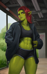  abs artist_logo artist_name black_shorts black_sports_bra colored_skin ethrk female female_orc green_skin hand_in_pocket indoors jacket long_hair looking_at_viewer midriff muscular muscular_female navel open_clothes open_jacket orc original pointy_ears red_hair short_shorts shorts solo sports_bra tusks watermark yellow_eyes 