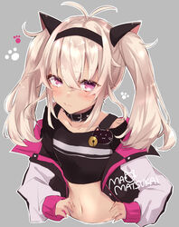  antenna_hair bell black_collar black_hairband black_shirt blush brown_hair character_name closed_mouth collar collarbone commentary_request crop_top female grey_background grey_jacket hair_between_eyes hairband hands_on_own_hips highres hiko_(zem_n) jacket jingle_bell long_sleeves looking_at_viewer matsukai_mao matsukai_mao_(1st_costume) navel nijisanji off_shoulder open_clothes open_jacket puffy_long_sleeves puffy_sleeves purple_eyes shirt simple_background sleeves_past_wrists solo twintails v-shaped_eyebrows virtual_youtuber 