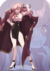  aru_(blue_archive) black_footwear blue_archive blush breasts coat female fur_trim grin high_heels horns korean_commentary long_hair looking_at_viewer luvents3 open_mouth pink_hair skirt smile solo tears toe_cleavage yellow_eyes zoom_layer 