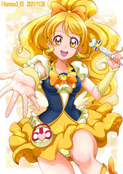  2021 :d bare_legs blonde_hair bow bowtie breasts brooch clover_earrings cure_honey dated female hairbow hanzou happinesscharge_precure! heart heart_brooch high_ponytail highres holding jewelry long_hair looking_at_viewer medium_breasts miniskirt oomori_yuuko orange_bow orange_bowtie panties pantyshot precure skirt smile solo twitter_username underwear very_long_hair yellow_eyes yellow_panties yellow_skirt 