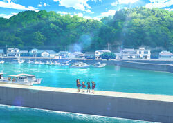  4girls :d backpack bag black_hair blue_jacket blue_skirt blue_sky boat boots brown_eyes brown_hair building cloud day dock door fishing_rod garage glasses guard_rail harbor hat highres hodaka_natsumi holding holding_fishing_rod houkago_teibou_nisshi house jacket kuroiwa_yuuki landscape lens_flare multiple_girls official_art oono_makoto opaque_glasses open_mouth outdoors pleated_skirt power_lines road scenery school_uniform shoes skirt sky smile socks sparkle standing sun sun_hat tree tsurugi_hina water watercraft window 