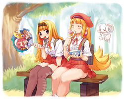  alouette_(la_pucelle) backpack bag bench blonde_hair brown_legwear character_print crea_rosenqueen culotte day earrings eating feet_out_of_frame flipped_hair food hairband hand_fan hat holding holding_fan holding_food ice_cream jewelry kururu_(little_princess) little_princess long_hair marl_kingdom miniskirt nature official_art on_bench open_mouth outdoors pleated_skirt prier purple_eyes red_headwear red_skirt ryoji_(nomura_ryouji) shirt short_sleeves sitting skirt suspender_skirt suspenders thighhighs third-party_source tree white_shirt 