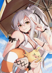  &gt;_&lt; afterimage animal armpits artist_name azur_lane bare_shoulders beach_umbrella bikini bird blue_sky blush bow breast_smother breasts chick cleavage cloud collarbone commentary day detached_sleeves drake_(azur_lane) drake_(the_golden_hind&#039;s_respite)_(azur_lane) face_to_breasts female flying_sweatdrops grey_choker grey_hair groin hair_between_eyes hairbow highres holding holding_animal holding_swim_ring ichi10art innertube large_breasts long_hair looking_at_viewer manjuu_(azur_lane) midriff multi-strapped_bikini navel nose_blush official_alternate_costume outdoors salute see-through see-through_sleeves side_ponytail sidelocks sky smile solo_focus standing sweat swim_ring swimsuit umbrella upper_body white_bikini yellow_eyes 