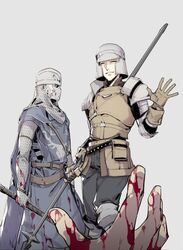  2boys =_= armor armored_boots axe bad_id bad_twitter_id belt black_pants blood blood_on_clothes blood_on_hands boots brown_gloves chainmail creighton_of_mirrah dark_souls_(series) dark_souls_ii dying feet_out_of_frame gloves grey_background grin helmet holding holding_axe holding_polearm holding_weapon hood krab_(fumekrab) looking_at_viewer looking_down male_focus mask mild_mannered_pate multiple_boys open_mouth pants pauldrons polearm pouch pov pov_hands short_hair shoulder_armor simple_background smile spear surcoat waving weapon white_hair 