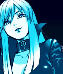  blue_eyes blue_hair blue_theme bodysuit breasts center_opening collar collarbone devil_summoner:_soul_hackers devil_summoner_(series) female highres lipstick long_hair looking_at_viewer makeup mimimimiguchan nemissa pale_skin smile solo 