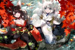  2girls akagi_(azur_lane) akagi_(plum_and_snow)_(azur_lane) animal_ears autumn_leaves azur_lane black_kimono blue_eyes blunt_bangs breasts brown_hair eyeliner eyeshadow fox_ears fox_girl fox_mask fox_tail fur-trimmed_kimono fur_trim hachimitsu_hinako highres japanese_clothes kaga_(azur_lane) kaga_(white_fox&#039;s_new_year)_(azur_lane) kimono leaf makeup maple_leaf mask multiple_girls multiple_tails official_alternate_costume tail white_kimono 