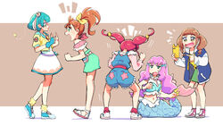  5girls :d antennae aqua_eyes aqua_footwear aqua_hair aqua_sailor_collar aqua_shirt aqua_shorts azuma_yukihiko belt blouse blue_jacket blue_overalls blush bow brown_background brown_belt brown_eyes brown_hair cellphone closed_mouth commentary_request crop_top dress excited fins fist_pump floating_hair frilled_shirt frills from_behind from_side frown green_eyes green_skirt hagoromo_lala hair_bobbles hair_ornament hair_strand hairbow halterneck hands_up head_fins healin&#039;_good_precure heart heart_hair_ornament high_ponytail highres hiramitsu_hinata holding holding_phone hood hooded_jacket hoshina_hikaru jacket laura_la_mer laura_la_mer_(mermaid) leaning_forward leg_warmers letterboxed long_hair long_sleeves looking_at_another mermaid midriff monster_girl motion_lines multicolored_clothes multicolored_hair multicolored_jacket multicolored_shirt multiple_girls natsuumi_manatsu navel off_shoulder open_clothes open_jacket open_mouth orange_hair outside_border overalls pearl_hair_ornament phone pink_belt pink_footwear pink_hair pink_legwear pink_shirt pointing pointy_ears pouch precure sailor_collar sandals scales shadow shirt shoes short_hair shorts shouting side_ponytail simple_background skirt sleeveless sleeveless_shirt smartphone smile sneakers socks square_mouth squatting star_(symbol) star_print star_twinkle_precure stomach streaked_hair sweatdrop thick_eyebrows tropical-rouge!_precure twintails wavy_hair white_dress white_footwear white_hair white_jacket white_shirt white_sleeves yellow_bow yellow_jacket yellow_shirt 