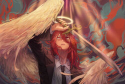  1boy absurdres angel angel_devil_(chainsaw_man) angel_wings black_suit chainsaw_man collared_shirt feathered_wings formal hair_between_eyes highres looking_at_viewer male_focus mingyue_0 necktie red_eyes red_hair ringed_eyes shirt solo standing suit white_shirt white_wings wings 