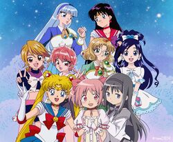  6+girls :d akemi_homura akemi_homura_(magical_girl) aoki_ume_(style) arm_around_waist bishoujo_senshi_sailor_moon black_eyes black_gloves black_hair black_hairband black_shirt black_skirt blonde_hair blouse blue_eyes blue_hair blue_hairband blue_sailor_collar blue_sky blunt_bangs bow brown_eyes brown_hair capelet choker closed_mouth commentary company_connection crescent_choker cristina_valenzuela crossover cure_black cure_white detached_sleeves doily double_bun dress earrings elbow_gloves fingerless_gloves fist_bump frilled_dress frilled_skirt frilled_sleeves frills futari_wa_precure glasses gloves green_eyes grey_capelet grey_ribbon grey_shirt hair_bun hair_ornament hairband hairbow half_updo hands_on_another&#039;s_back heart heart_earrings hino_rei hououji_fuu ishida_atsuko_(style) jewelry kamikita_futago_(style) kaname_madoka kaname_madoka_(magical_girl) kodansha leotard light_frown long_hair long_sleeves magic_knight_rayearth magical_girl mahou_shoujo_madoka_magica mahou_shoujo_madoka_magica_(anime) medium_hair midriff_peek miniskirt misumi_nagisa multiple_crossover multiple_girls multiple_style_parody nakayoshi neck_ribbon official_style open_mouth own_hands_together parody parted_bangs pink_bow pink_dress pink_eyes pink_gloves pink_hair pose precure puffy_short_sleeves puffy_sleeves purple_bow purple_eyes red_choker red_eyes red_hair red_hairband red_sailor_collar ribbon round_eyewear ryuuzaki_umi sailor_collar sailor_mars sailor_moon sailor_senshi_uniform shidou_hikaru shirt short_dress short_hair short_sleeves short_twintails skirt sky smile star_(sky) star_(symbol) star_earrings starry_sky straight_hair style_parody swept_bangs tadano_kazuko_(style) tam_(tam0804) tiara toei_animation trait_connection tsukino_usagi twintails twitter_username very_long_hair voice_actor_connection w white_bow white_dress white_gloves white_leotard white_sleeves yukishiro_honoka 