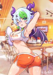  apricot_the_lich armpits artist_name ass bad_anatomy bebatch breasts butt_crack cleavage clothes_writing commentary crop_top demon_girl demon_horns demon_wings english_commentary female green_nails highres hooters horns large_breasts looking_at_viewer looking_back multiple_horns no_legwear one_eye_closed orange_shorts pointy_ears purple_horns purple_wings shirt short_hair_with_long_locks short_shorts shorts signature sleeveless solo tray twisted_torso underboob virtual_youtuber vshojo white_shirt wings 