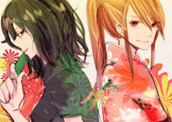  2girls ayase_chihaya black_hair brown_eyes brown_hair card chihayafuru floral_print hair_between_eyes hand_up holding holding_card japanese_clothes karuta_(card_game) kimono long_hair medium_hair multiple_girls pink_kimono red_eyes short_sleeves simple_background uta-garuta wakamiya_shinobu white_background yukiyanagi_raki 