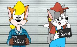  anthro avoid_posting barbie_and_ken_mugshot_meme canid canine clenched_teeth clothing dawn_morgenstern domestic_cat duo ear_piercing ear_ring felid feline felis female flannel_shirt fox freckles hair kelli_fizuth looking_at_viewer mammal mugshot mugshotfront_view overalls photo_background photography_(artwork) piercing ponytail ring_piercing smile teeth world_of_fizz worldoffizz 