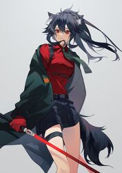  absurdres animal_ears arknights azure_silan black_hair black_shorts collared_shirt dress_shirt ear_piercing feet_out_of_frame female floating_hair gloves green_jacket green_necktie grey_background hair_between_eyes highres holding holding_sword holding_weapon jacket light_blush looking_at_viewer necktie off_shoulder official_alternate_costume open_clothes open_jacket piercing ponytail red_eyes red_gloves red_shirt shirt shorts simple_background solo striped_necktie sword tail texas_(arknights) texas_(willpower)_(arknights) thighs weapon wolf_ears wolf_girl wolf_tail 