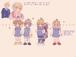  2boys 4girls :d aether_(genshin_impact) ahoge bell black_footwear blonde_hair blue_dress blue_shorts blue_thighhighs blue_vest braid closed_mouth commentary crying dress english_commentary english_text flower genshin_impact hair_bell hair_ornament hat highres holding_hands jingle_bell kindergarten_uniform klee_(genshin_impact) lolicon long_hair lumine_(genshin_impact) mary_janes multiple_boys multiple_girls pink_eyes purple_hair qiqi_(genshin_impact) red_eyes red_footwear school_hat shirt shoes shorts smile socks sooooooooooup sprout sprout_on_head teucer_(genshin_impact) thighhighs twintails very_long_hair vest white_footwear white_legwear white_shirt yaoyao_(genshin_impact) yellow_bag yellow_eyes yellow_footwear 