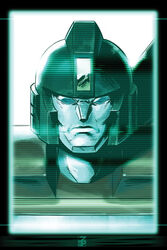  autobot blue_eyes codec_call dyemooch english_commentary looking_at_viewer mecha metal_gear_(series) metal_gear_solid parody perceptor_(transformers) portrait robot science_fiction scowl solo straight-on transformers transformers:_generation_1 