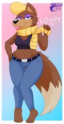  absurd_res anthro breasts canid canine canis clothed clothing digital_media_(artwork) female fur hanna-barbera hat headgear headwear hi_res jellystone_(hbo_max) looking_at_viewer loopy_(loopy_de_loop) loopy_de_loop makoto177 mammal scarf smile solo tongue tongue_out wolf 