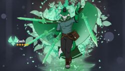  16:9 2021 anthro bottomwear canid canine canis cloak clothed clothing digital_media_(artwork) elemental_manipulation fur gacha_card genshin_impact green_body green_fur hair hi_res hood looking_at_viewer magic male mammal melee_weapon mihoyo shirt smile solo sword text topwear weapon white_body white_fur widescreen wind wolf zachary_aethern zachsroom 