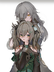  2girls absurdres alternate_hairstyle bird_hair_ornament black_gloves blush brown_hair chinese_commentary commentary_request furioso gloves green_eyes grey_hair hair_ornament hairclip hand_on_own_face highres honkai:_star_rail honkai_(series) long_sleeves multiple_girls qingque_(honkai:_star_rail) shoulder_strap stelle_(honkai:_star_rail) trailblazer_(honkai:_star_rail) twintails tying_another&#039;s_hair yellow_eyes yuri 