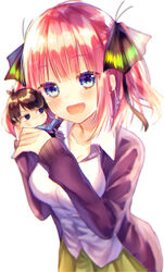  1boy :d black_hair black_ribbon blue_cardigan blue_eyes blunt_bangs blush breasts butterfly_hair_ornament cardigan cleavage collarbone female go-toubun_no_hanayome green_skirt hair_ornament highres large_breasts multicolored_nails nail_polish nakano_nino open_cardigan open_clothes pink_hair pleated_skirt purple_cardigan raised_eyebrows ribbon school_uniform shirt short_hair simple_background skirt sleeves_past_wrists smile two_side_up uesugi_fuutarou v-shaped_eyebrows white_background white_shirt xx_momomo_xx 