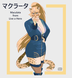  adiyahaha anthro breasts cheetah cleavage clothed clothing english_text eyewear felid feline female fishnet_clothing fur glasses hi_res lifewonders live_a_hero maculata mammal markings solo spots spotted_body spotted_fur text 