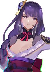  bare_shoulders braid breasts cleavage female genshin_impact hair_ornament japanese_clothes kimono large_breasts long_hair long_sleeves looking_at_viewer low-braided_long_hair low-tied_long_hair mole mole_under_eye obi off_shoulder purple_eyes purple_hair purple_kimono raiden_shogun sash shrug_(clothing) solo vantsuki wide_sleeves 