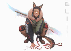  1boy animal_ears ankle_boots arm_rest arm_support bandages bandaid bandaid_on_face bandaid_on_nose between_fingers black_gloves black_hair blood boots brown_footwear brown_pants clenched_teeth collar commentary cross-laced_footwear dark-skinned_male dark_skin dog_boy dog_ears dog_tags dog_tail drawstring earrings english_commentary fingerless_gloves fingernails full_body fur-trimmed_jacket fur_trim furrowed_brow gloves green_jacket headphones headphones_around_neck highres holding holding_collar holding_leash jacket jewelry katana knee_pads leash long_sleeves looking_at_viewer male_focus mouth_hold notched_ear original outstretched_arm pants paul_nong ring scar scar_across_eye scar_on_cheek scar_on_face short_hair simple_background single_earring single_glove solo spread_fingers squatting sword sword_behind_back tail tassel teeth teeth_hold unworn_collar weapon white_background yellow_eyes 