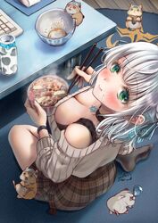  :t black_bra black_choker black_socks blush bottle bowl bra breasts brown_skirt choker chopsticks cleavage closed_mouth dan&#039;in-san_(shirogane_noel) eating eyelashes female food food_on_face from_above full_body green_eyes grey_hair gyuudon hamster highres holding holding_food hololive kei_hinagi large_breasts long_sleeves looking_at_viewer medium_hair milk_bottle miniskirt no_shoes off-shoulder_shirt off_shoulder official_alternate_costume on_ground plaid plaid_skirt pleated_skirt pop_(shirogane_noel) shirogane_noel shirogane_noel_(casual) shirt sidelocks signature sitting skirt socks soles solo thighs toes twitter_username underwear virtual_youtuber watermark 