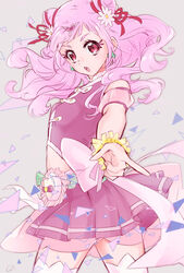  breasts clover_earrings cone_hair_bun cowboy_shot crop_top cure_yell detached_sleeves double_bun female floating_hair flower grey_background hair_bun hair_flower hair_ornament hair_ribbon heart heart_hair_ornament heart_pouch highres hugtto!_precure index_finger_raised long_hair makeup mascara miniskirt nono_hana open_mouth pink_hair pink_skirt pink_sleeves pleated_skirt precure red_eyes red_ribbon ribbon shipu_(gassyumaron) short_sleeves skirt small_breasts solo standing thighhighs white_flower white_thighhighs wrist_cuffs zettai_ryouiki 