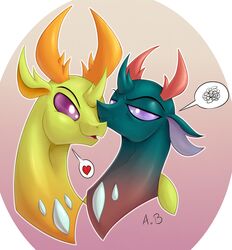  absurd_res annoyed antlers arthropod brother_(lore) brothers_(lore) changeling colored duo feral friendship_is_magic green_body half-closed_eyes hasbro heart_symbol hi_res horn hyperstorm_h male my_little_pony narrowed_eyes open_mouth pharynx_(mlp) purple_eyes rossmaniteanzu sibling_(lore) smile third-party_edit thorax_(mlp) 