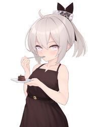  absurdres bare_shoulders blush cake chocolate_cake collarbone dress eating female flat_chest food girls&#039;_frontline grey_hair highres looking_at_viewer m200_(girls&#039;_frontline) m200_(war_correspondent)_(girls&#039;_frontline) mari0ball medium_hair official_alternate_costume ponytail purple_eyes solo white_background 