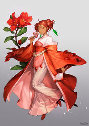  ahoge artist_name beads bell blush braid branch chinese_clothes circlet coat colored_eyelashes cookie_run dark-skinned_female dark_skin double_bun female floating flower forehead_jewel full_body glint gradient_background grey_background hair_bun hair_ornament hand_mirror hanfu highres holding holding_bell humanization jewelry jingle_bell korean_commentary leaf_hair_ornament light_particles lipstick long_skirt long_sleeves looking_at_viewer makeup mascara mirror mocca_(mocca_nine) off_shoulder pleated_skirt pomegranate_cookie pomegranate_flower puckered_lips red_coat red_eyes red_flower red_footwear red_hair robe skirt solo wide_sleeves 