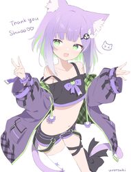  :d animal_ear_fluff animal_ears artist_name bare_shoulders blunt_bangs bow cat_ears cat_tail collarbone colored_inner_hair commentary_request commission cowboy_shot crop_top english_text female flat_chest green_eyes green_hair highres indie_virtual_youtuber jacket looking_away midriff multicolored_hair navel oerba_yun_fang off_shoulder open_clothes open_jacket open_mouth purple_hair short_hair short_shorts shorts shwaa simple_background single_thighhigh skeb_commission skin_fang smile solo stomach strap_slip tail tail_bow tail_ornament thank_you thighhighs two-tone_hair urotsuki_(2013.04) v virtual_youtuber watermark white_background white_thighhighs wrist_cuffs 