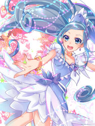  :d blue_eyes blue_hair bracelet brooch collarbone cure_diamond dokidoki!_precure earrings female floating_hair heart heart_brooch highres hishikawa_rikka jewelry layered_skirt long_hair looking_at_viewer miniskirt open_mouth parted_bangs ponytail precure shipu_(gassyumaron) short_sleeves skirt smile solo very_long_hair white_skirt 