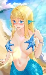  aliasing beach blonde_hair blue_eyes blue_sky blush bracelet breasts embarrassed female fins head_fins jewelry kage_shaojie_teki_ku looking_at_viewer mermaid monster_girl ocean outdoors pearl_bracelet scales sky starfish the_little_mermaid the_little_mermaid_(andersen) 