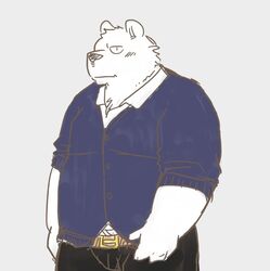  2011 anthro bear belly biped bottomwear clothing kemono kick_(artist) male mammal overweight overweight_anthro overweight_male pants shirt simple_background solo topwear 