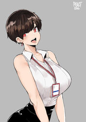  absurdres artist_name black_skirt breasts brown_hair collarbone commentary english_commentary female grey_background hair_behind_ear highres id_card large_breasts leaning_back norman_maggot office_lady olive_laurentia olverse open_mouth original red_eyes shirt shirt_tucked_in short_hair skirt sleeveless sleeveless_shirt smile solo standing 