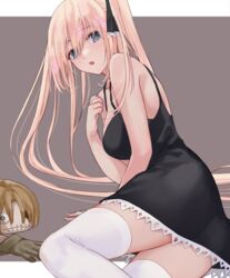  arm_support bare_shoulders black_dress blonde_hair blue_eyes breasts commentary doll dress female hand_on_own_chest highres long_hair looking_at_viewer looking_to_the_side marion_phauna mexif open_mouth outside_border shaman_king simple_background sitting solo spaghetti_strap stitched_mouth stitches thighhighs thighs very_long_hair white_thighhighs zettai_ryouiki 