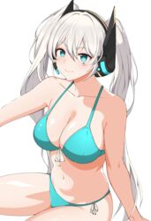  absurdres ahomushi994 aqua_bikini aqua_eyes bikini breasts cleavage collarbone facial_mark female girls&#039;_frontline grey_hair groin headset highres large_breasts looking_at_viewer navel side-tie_bikini_bottom simple_background sitting solo star_(symbol) star_facial_mark star_tattoo swimsuit tattoo transparent_background twintails uts-15_(girls&#039;_frontline) 