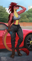  anthro black_bottomwear black_clothing black_jeans black_pants bottle bottomwear bra building car claws clothed clothing container denim denim_bottomwear denim_clothing digital_media_(artwork) digital_painting_(artwork) dinosaur dromaeosaurid ethrk extinct feathered_dinosaur feathered_scalie feathers female grey_bra grey_clothing grey_underwear hi_res jeans lenalia midriff outside pants plant prehistoric_species pseudo_hair red_body red_feathers red_pseudo_hair red_scales reptile scales scalie solo sports_bra standing tail tail_tuft theropod tree tuft underwear vehicle water_bottle 