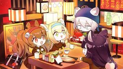  +_+ 1boy 3girls :d angelina_(arknights) animal_ear_fluff animal_ears arknights bag blonde_hair braid braided_hair_rings brown_hair brown_sailor_collar brown_serafuku brown_shirt brown_skirt chibi closed_mouth commentary_request drooling food fox_ears fox_girl fox_tail green_eyes grey_eyes grey_hair hair_between_eyes hair_rings hairband indoors inuko_(redconstellation) jaye_(arknights) lobster long_hair long_sleeves multiple_girls neckerchief palms_together pleated_skirt profile purple_hair red_eyes red_hairband saga_(arknights) sailor_collar saliva school_bag school_uniform serafuku shirt skirt smile stool striped_clothes striped_hairband suzuran_(arknights) table tail very_long_hair watermark yellow_neckerchief 