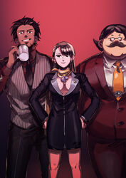  2boys asymmetrical_bangs black_hair black_jacket black_necktie black_pants black_skirt blazer breasts brown_eyes brown_hair closed_eyes closed_mouth collared_shirt commentary_request cup diego_armando earrings emergency_exi10 facial_hair female formal glasses gradient_background grin gyakuten_saiban hair_slicked_back hands_on_own_hips holding holding_cup jacket jewelry long_hair long_sleeves looking_at_viewer magatama marvin_grossberg mia_fey mole mole_under_mouth moustache multiple_boys necktie orange_necktie pants phoenix_wright:_ace_attorney_-_trials_and_tribulations red_background red_jacket red_pants red_shirt red_suit scarf shirt short_hair simple_background skirt skirt_suit smile standing suit vest white_shirt yellow_scarf 