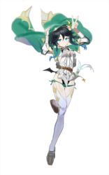  1boy absurdres androgynous argyle_clothes argyle_legwear bad_id bad_pixiv_id beret black_hair blue_hair blue_nails bow braid brooch closed_mouth collared_cape collared_shirt commentary english_commentary flower full_body gem genshin_impact gradient_hair green_eyes green_hat hair_flower hair_ornament hat hat_flower highres jewelry leaf looking_at_viewer male_focus multicolored_hair shirt short_hair_with_long_locks side_braids sidelocks simple_background solo suho_(1214ovo) thighhighs twin_braids venti_(genshin_impact) white_background white_flower white_shirt white_thighhighs 